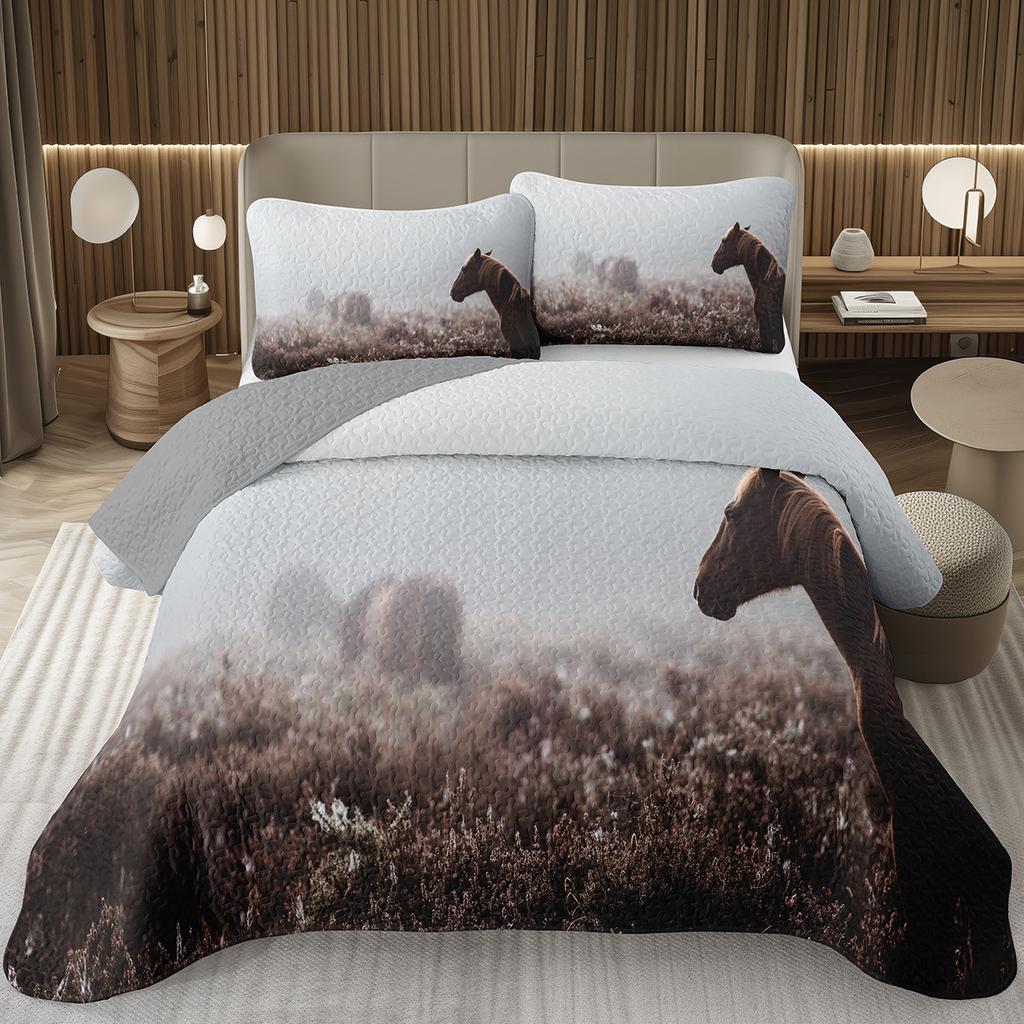 Wild Horse Bedspread Queen/Full Galloping Horse Pattern Quilted Bedding Set Farm Animal Coverlet Set Reversible Rustic Bed Cover
