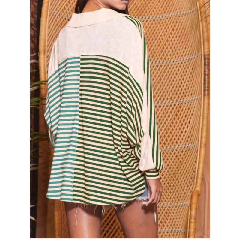 DAFIFY Women's Fashion Casual Spring Autumn Stripe Print Long Sleeve POLO Neck Blouses & Shirts