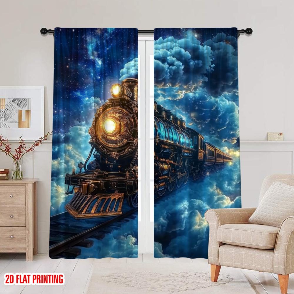 2pcs,2D Plane Printing Popular Curtains Cosmic Train Ride 100% Polyester (without Rod) Art Deco Festive Use for Room, Kitchen,
