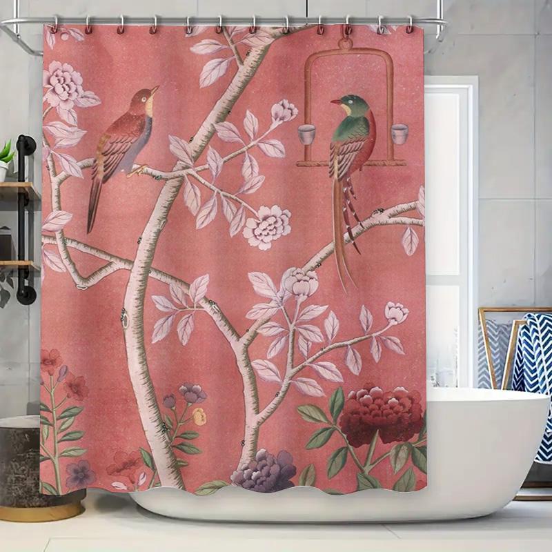 Vintage Bird Bathing Shower Curtain Decorative Home Decoration Pink Floral Design Bathroom Linen 72X84
