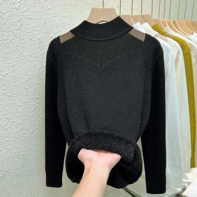 Gauze Half High Collar Velvet Knitted Sweater Women Winter Fashion Warm Pullovers Women Thicken Solid Soft Slim Sweaters 29786