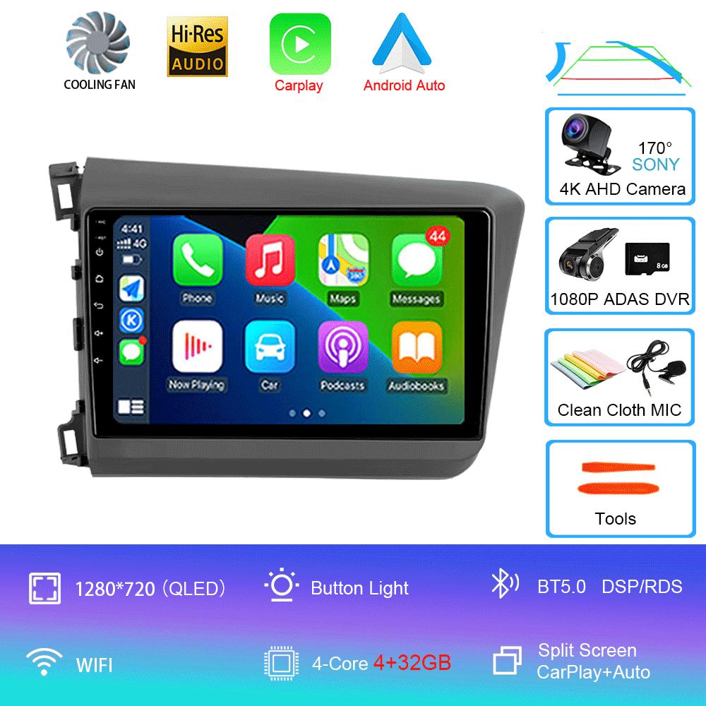 Car Radio Carplay Auto WIFI+4G For Honda Civic 2012 2013 2014 2015 Android 14 Multimedia Player Stereo GPS Head Unit No DVD 2Din