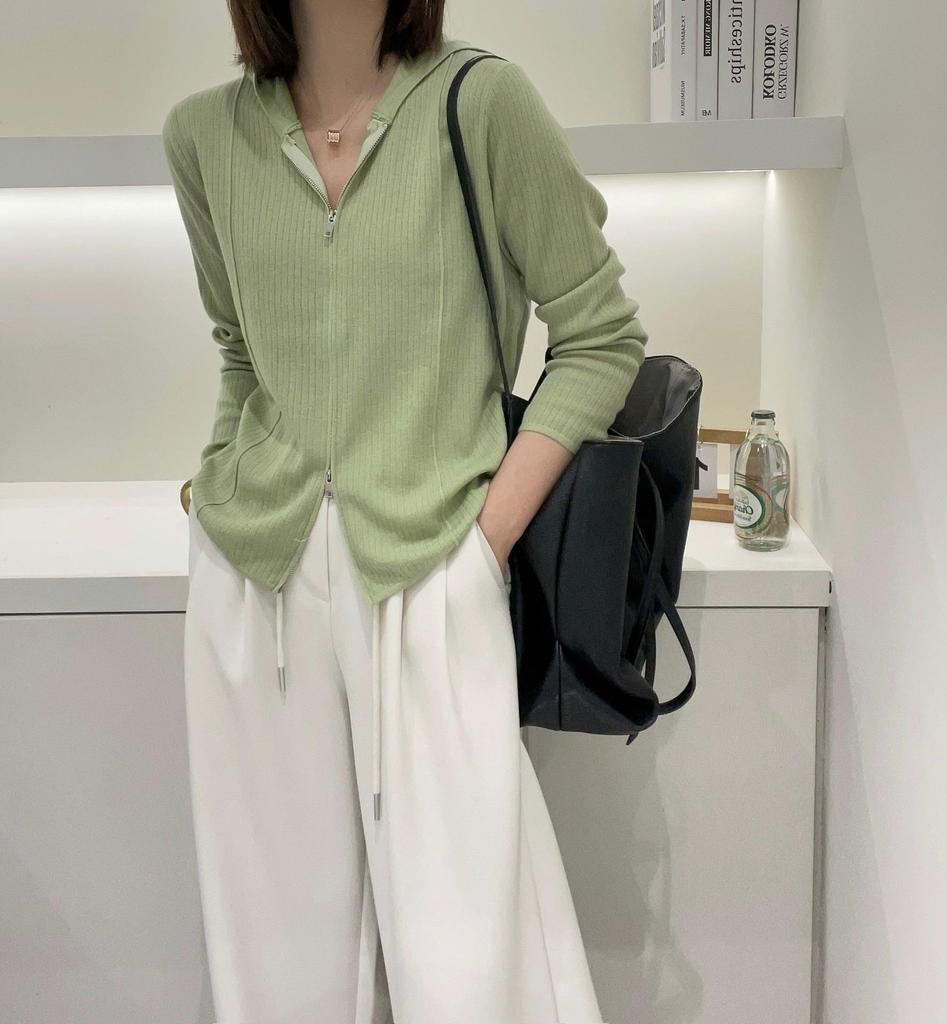 2024 Women's Ultra-Fine Wool Hooded Knit Cardigan Jacket with Double Zipper, European Style