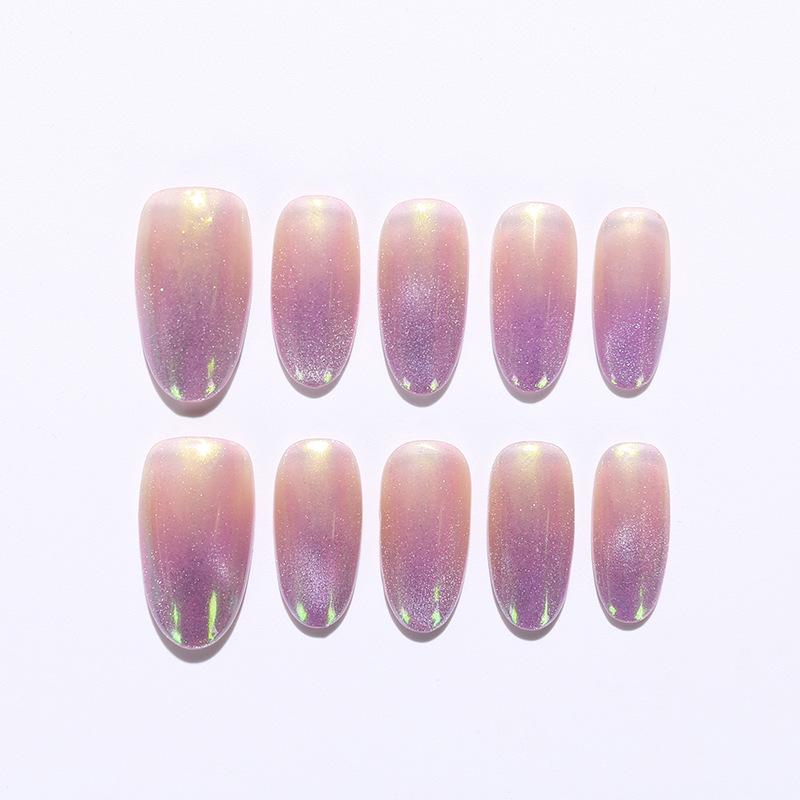 Purple Gradient Aurora Cat Eye Oval Nails - Handmade High-End Fake Nail Tips Extra Small