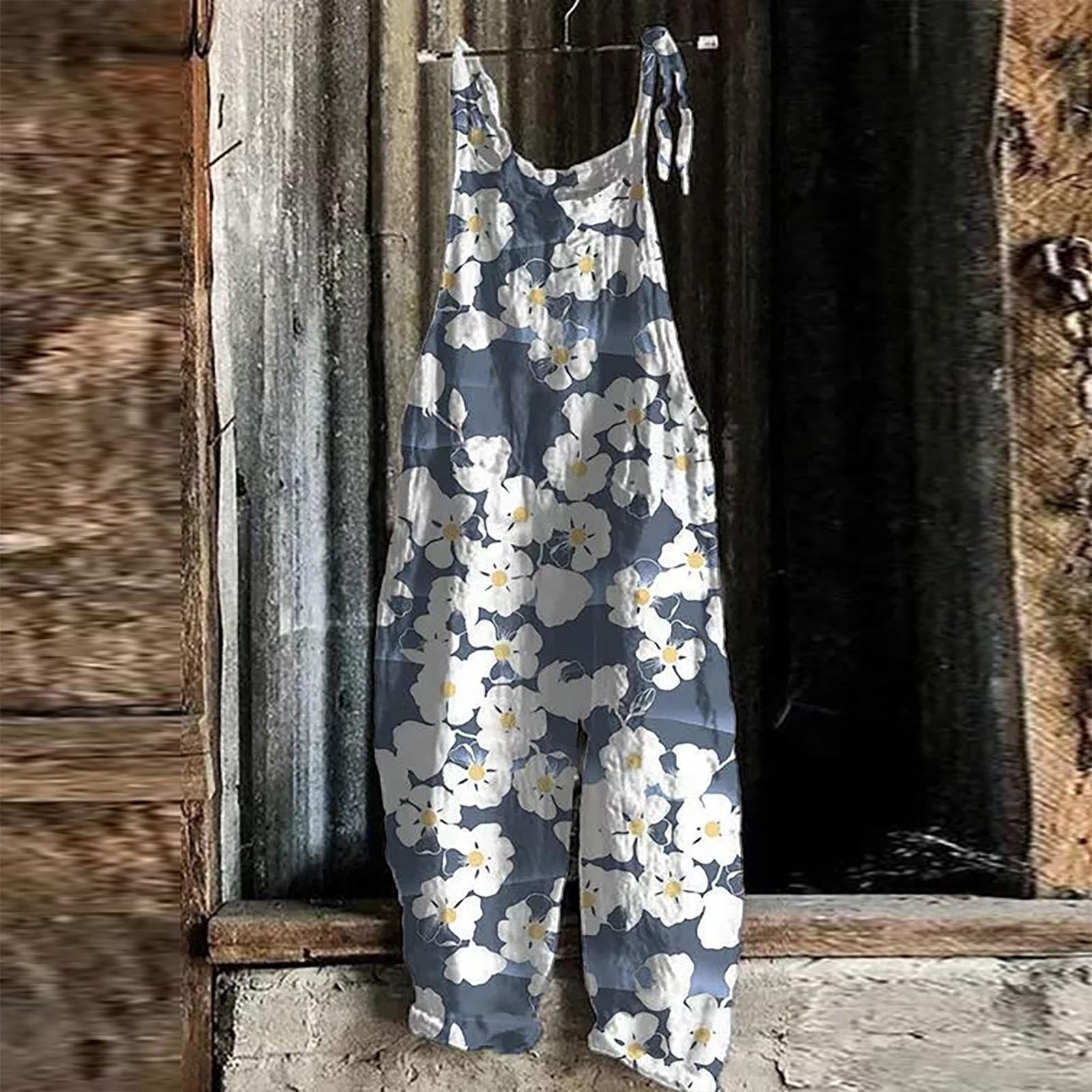 

Новый летний повседневный свободный женский комбинезон с высокой талией и цветочным принтом для отдыха, винтажный комбинезон с куполом S белый