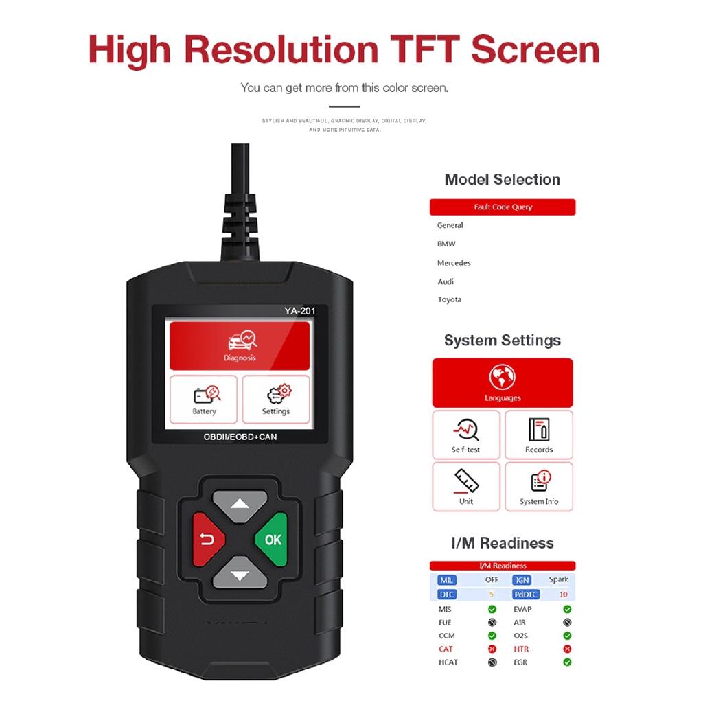 YA-201 OBD2 Car Auto Diagnostic Tool Fault Error Codes Read Clear OBD Automotive Scanner Support for Multiple ECU Modules 12V