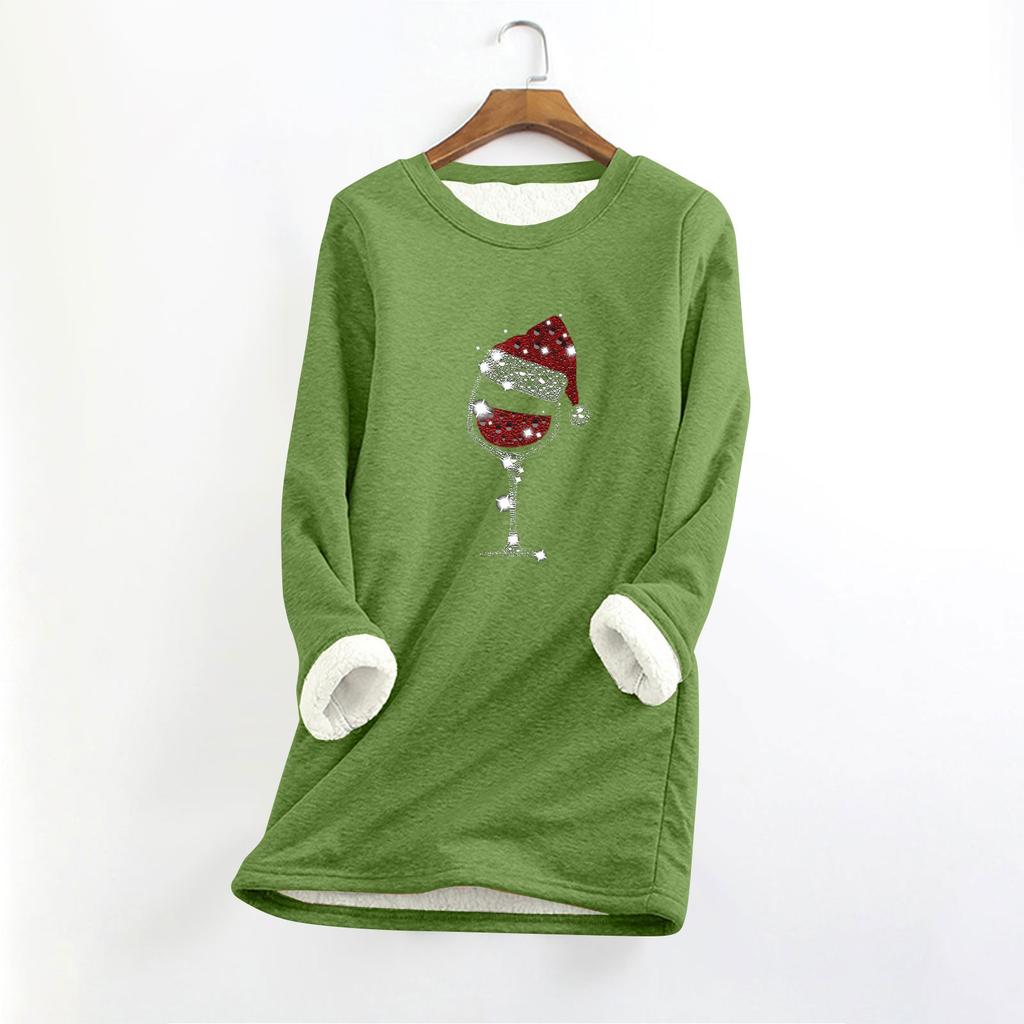 Top longo feminino com decote redondo e manga comprida, estampa de natal, grosso, pelúcia, cashmere, quente