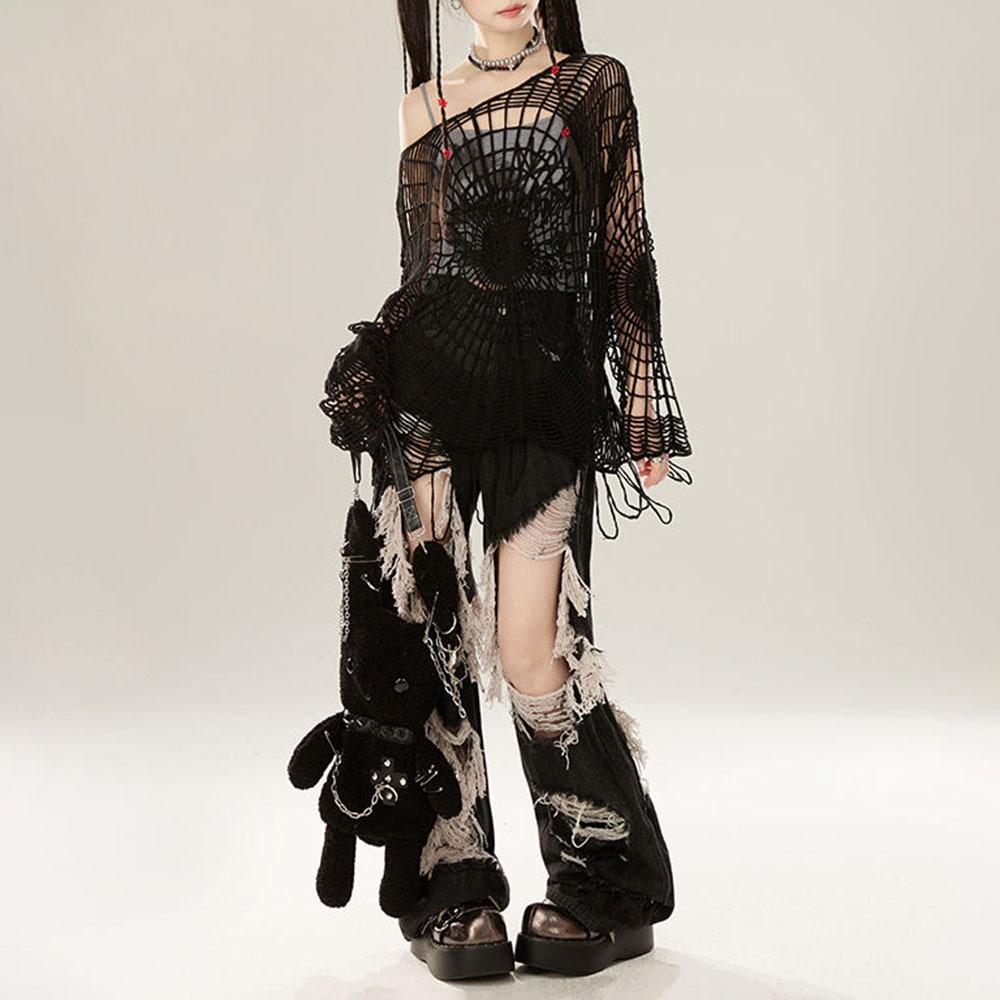 Gotický Goth Grunge Nadměrný Černý Svetr Harajuku High Streetwewar Vyděrovaný Volný Pulovr Podzimní Korejská Móda