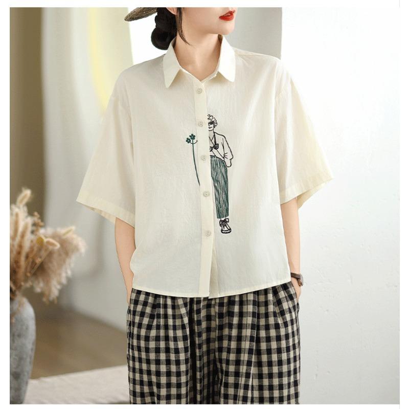 DIMANAF 2026 Women Plus Size New Summer Blouse Shirt Short Sleeve Casual Loose Embroidery Lady Tops Shirts Cotton