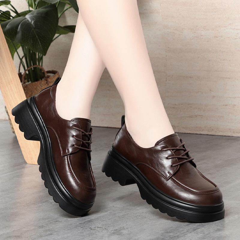 Coarse Heel Women's Shoes British Style Small Leather Shoes Women's Spring and Autumn Lace-up Loafers Versatile Round Head Platform Single Shoes