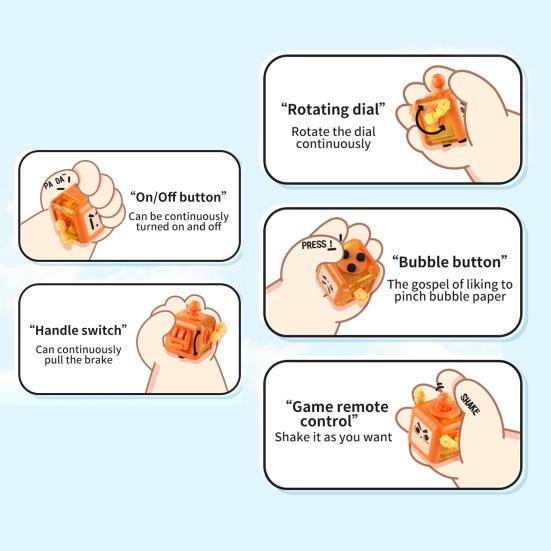 6-Side Stress Relief Cube Toy Multifunctional Anxiety Relief Cartoon Robot Sensory Cube with Spinning Arm Popping Button Joystick Toggle Switch