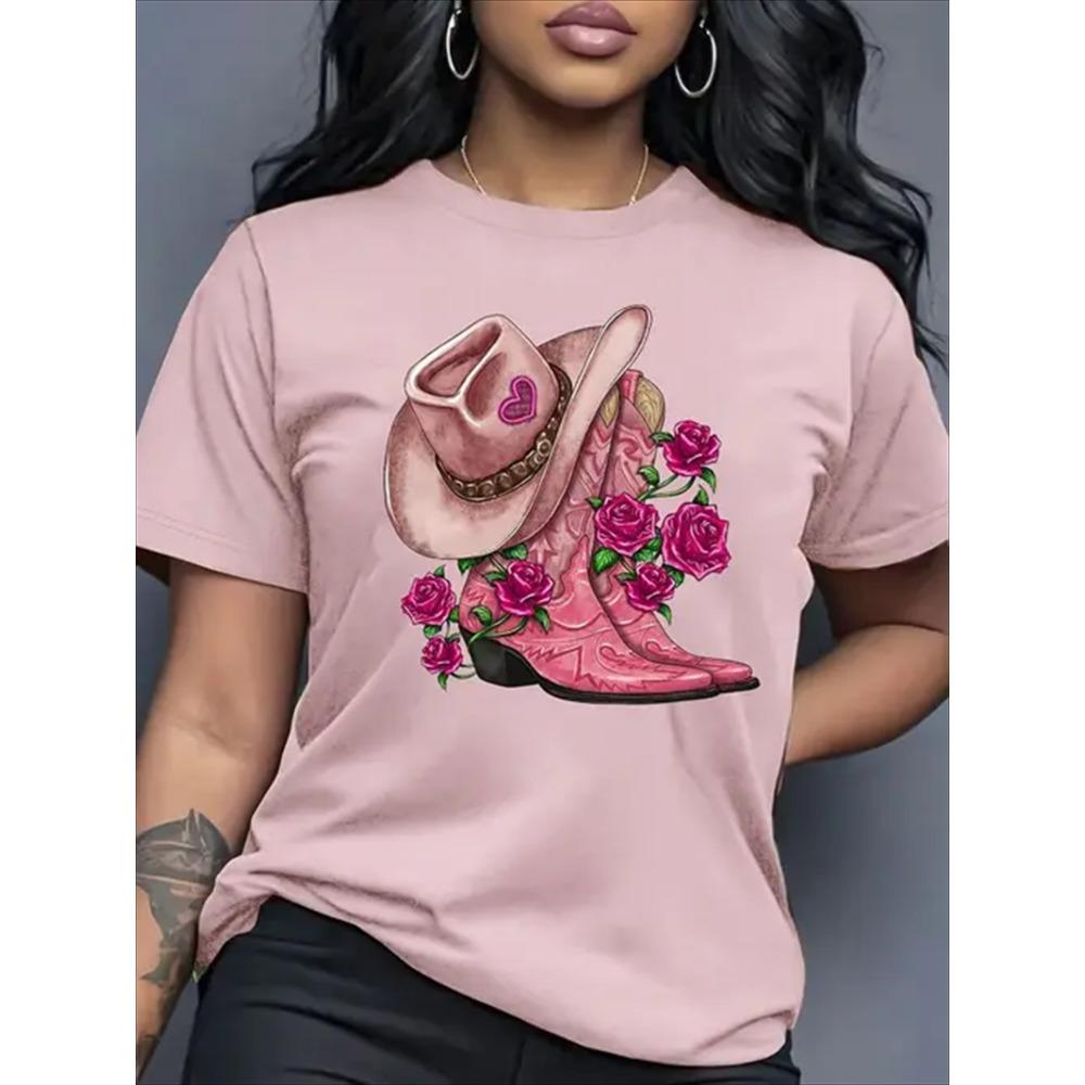 Western Cowboy Hat and Boots Pattern Printing Women's T-shirt Fashion Casual Short-sleeved Daily Round Neck Top