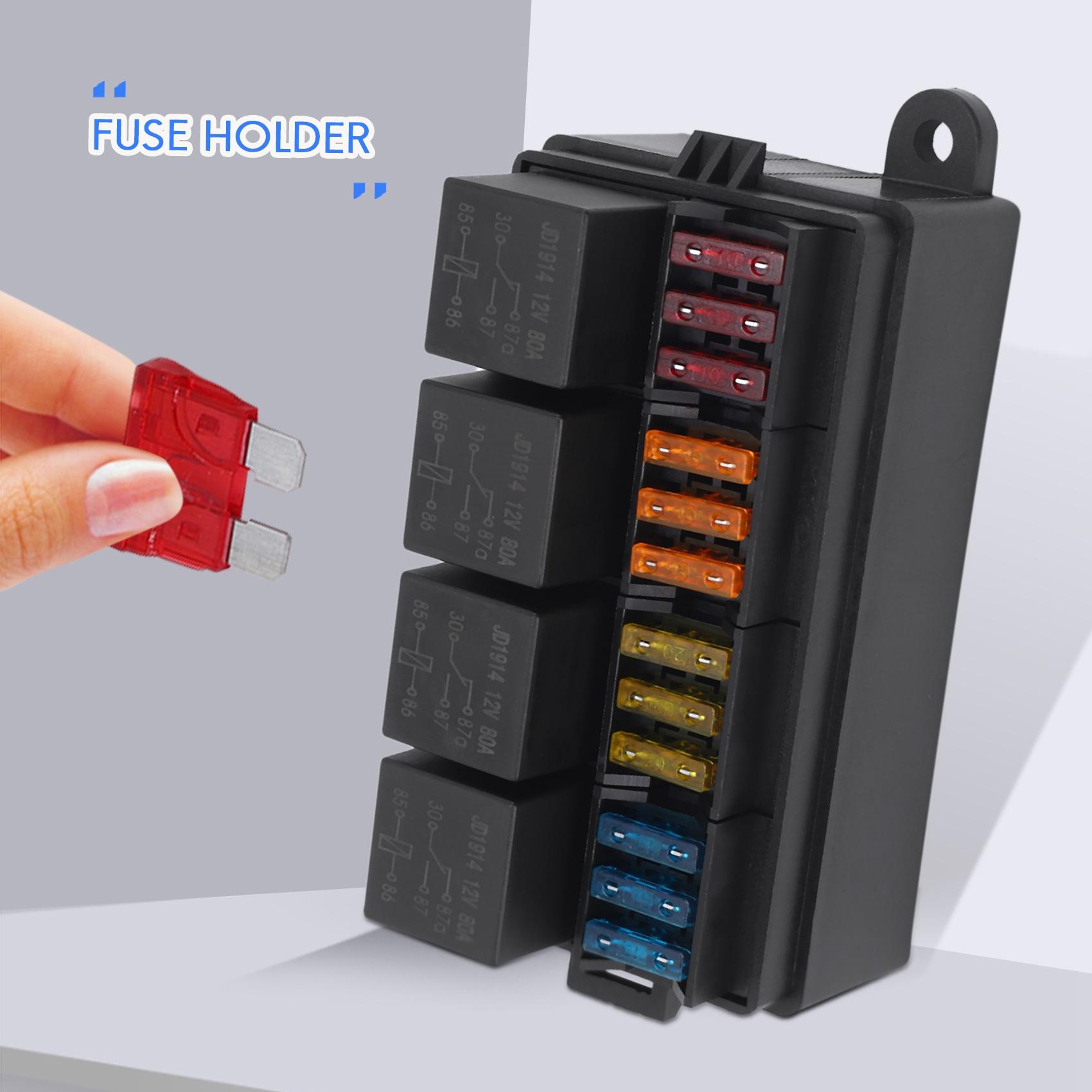 

12 Way Blade Fuse Holder Box With Spade Terminals And Fuse 4PCS 4Pin 12V 80A Relays For Car Truck Trailer And Boat чёрный