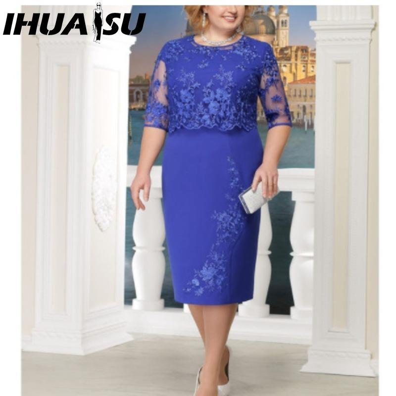 

IHUASU S-5XL Женская мода Лето Весна Однотонный Принт Короткий рукав Круглый вырез Повседневные платья XXXXXL синий