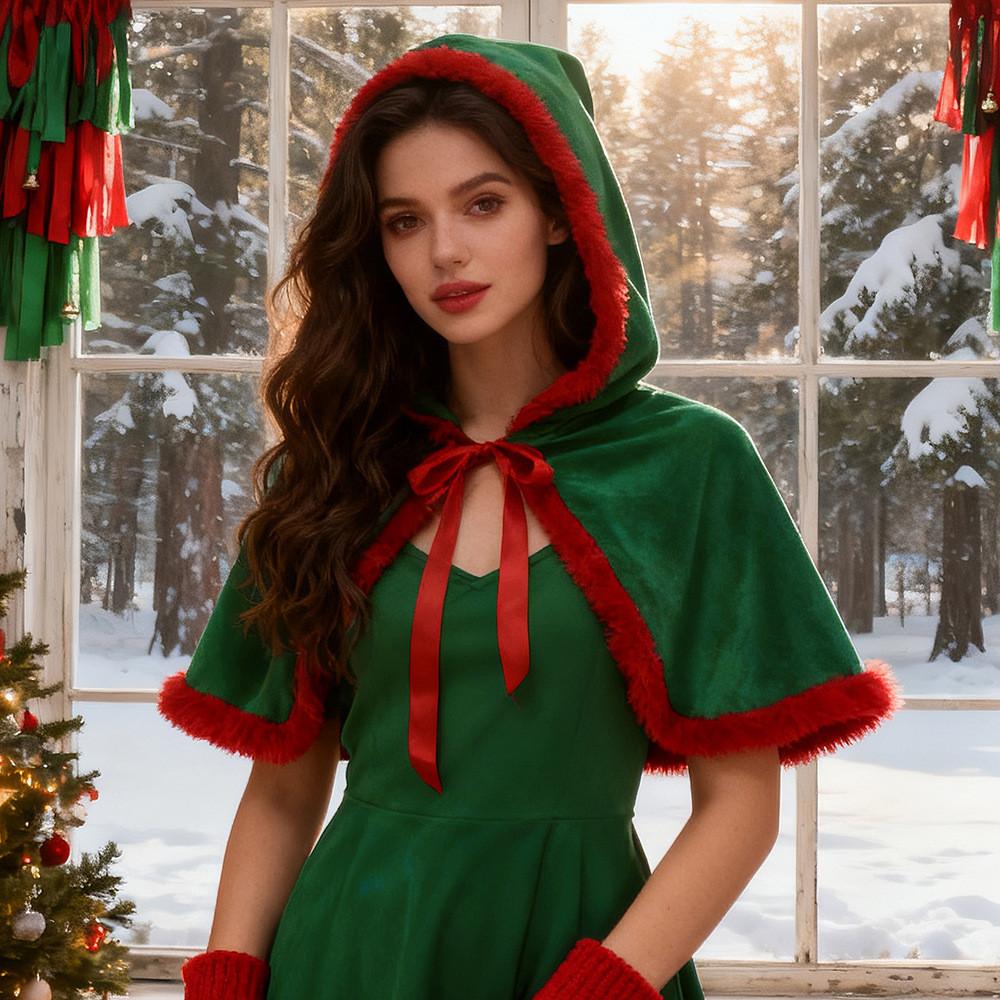 Vintage Christmas Hooded Cape With Polyester Material For Festive Event Wear