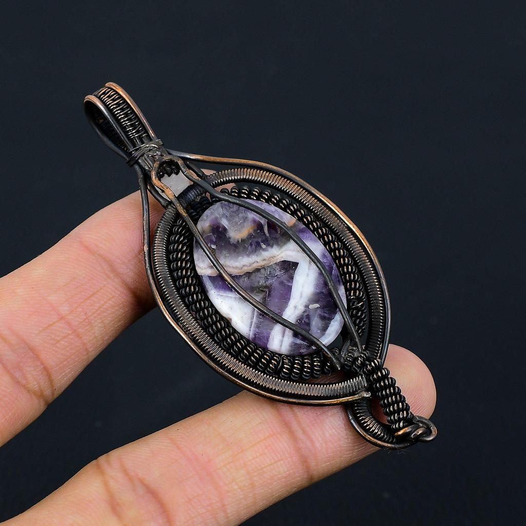 Chevron Amethyst, Moonstone Gemstone Pure Copper Wire Wrapped Designer Handmade Pendant Jewelry For Gift