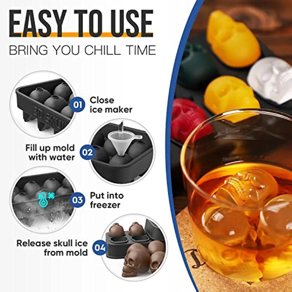 3D Skull Ice Machine Mold for Whiskey - 10 Cavity Skull Ice Cube Tray with Funnel - Skull Silicone Mold for Baking, Chocolate