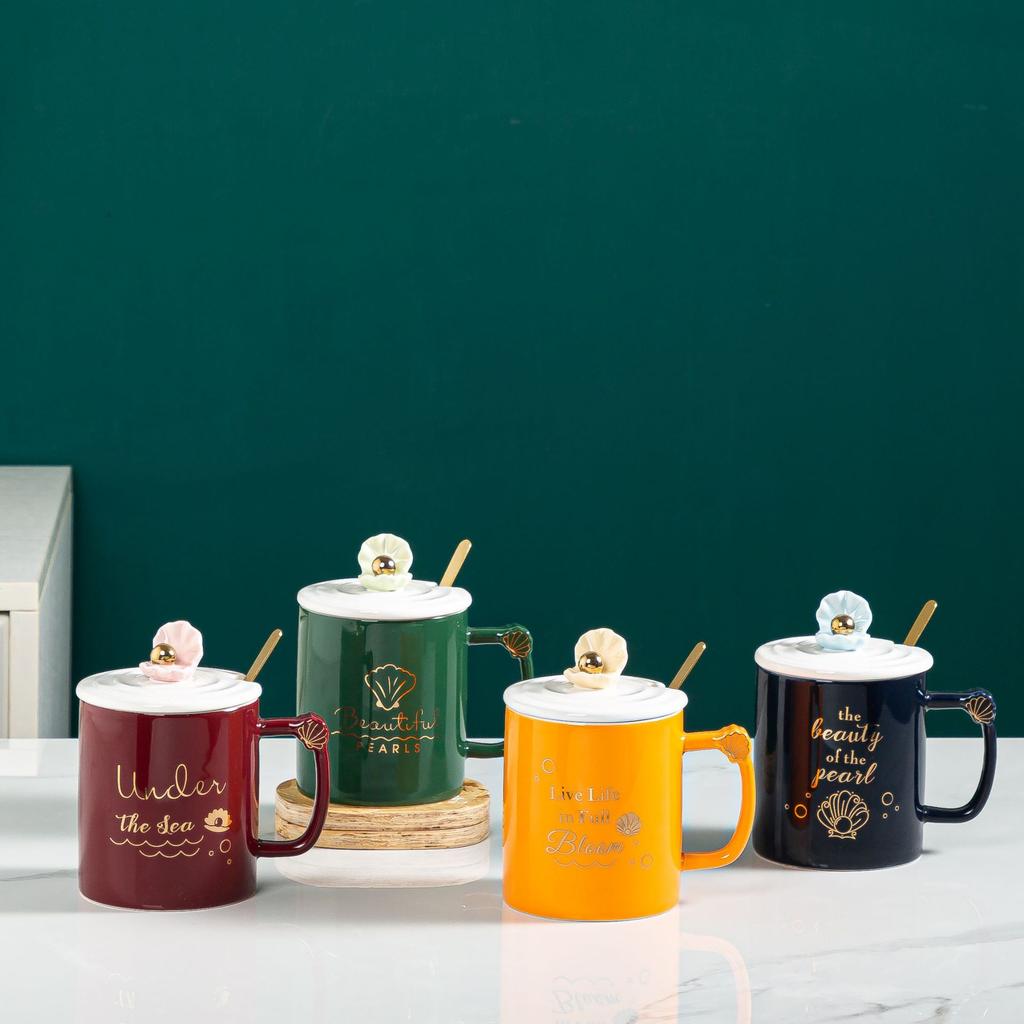 Shell Pearl with Lid Spoon Ceramic Cup Color Glaze Business Gift Household Set Nordic Style Mug
