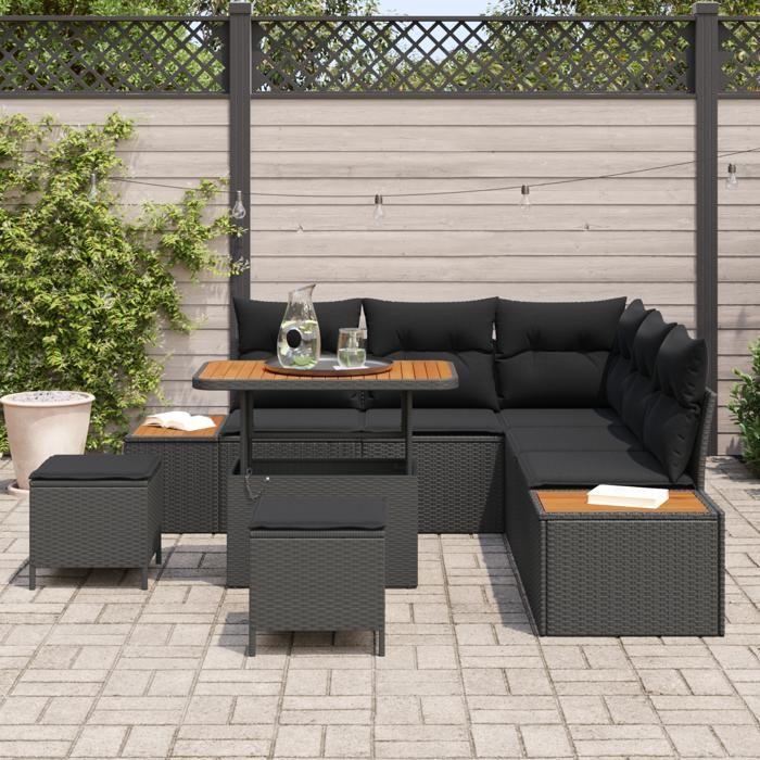 Ensemble de Canapés de Jardin 8 pièces avec Coussins Noir Poly Rotin Acacia, Ensemble de Salle à Manger de Jardin 3 pièces 3362914