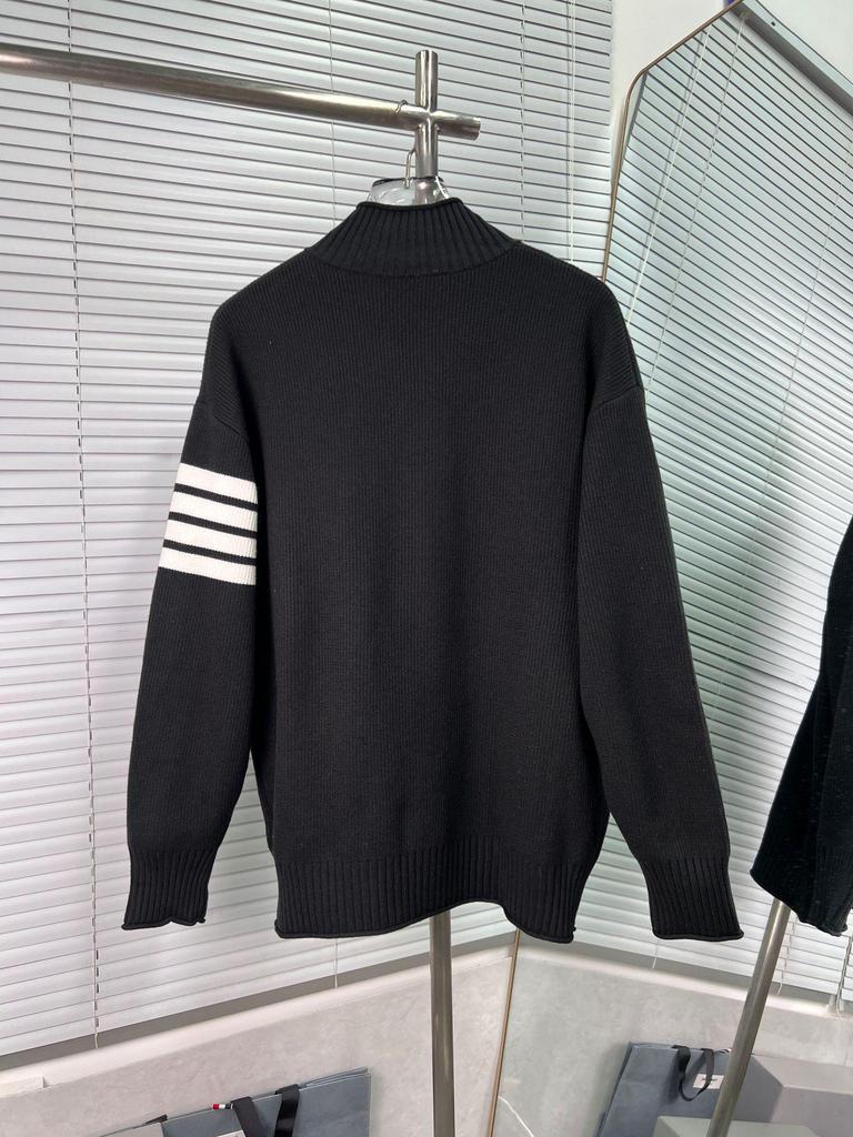 High-Quality Unisex Ribbed Stripe Stand Collar Sweater Jacket, Long-Sleeve, Four-Bar, Spring/Autumn.