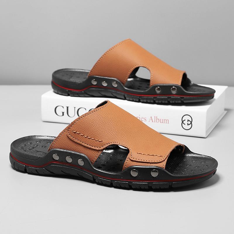 Fashion Non-slip Men's Half Drag Leisure Walk Flats Mens Slip on Shoes 2025 New Casual Leather Slippers Summer Antiskid Beach Sandals