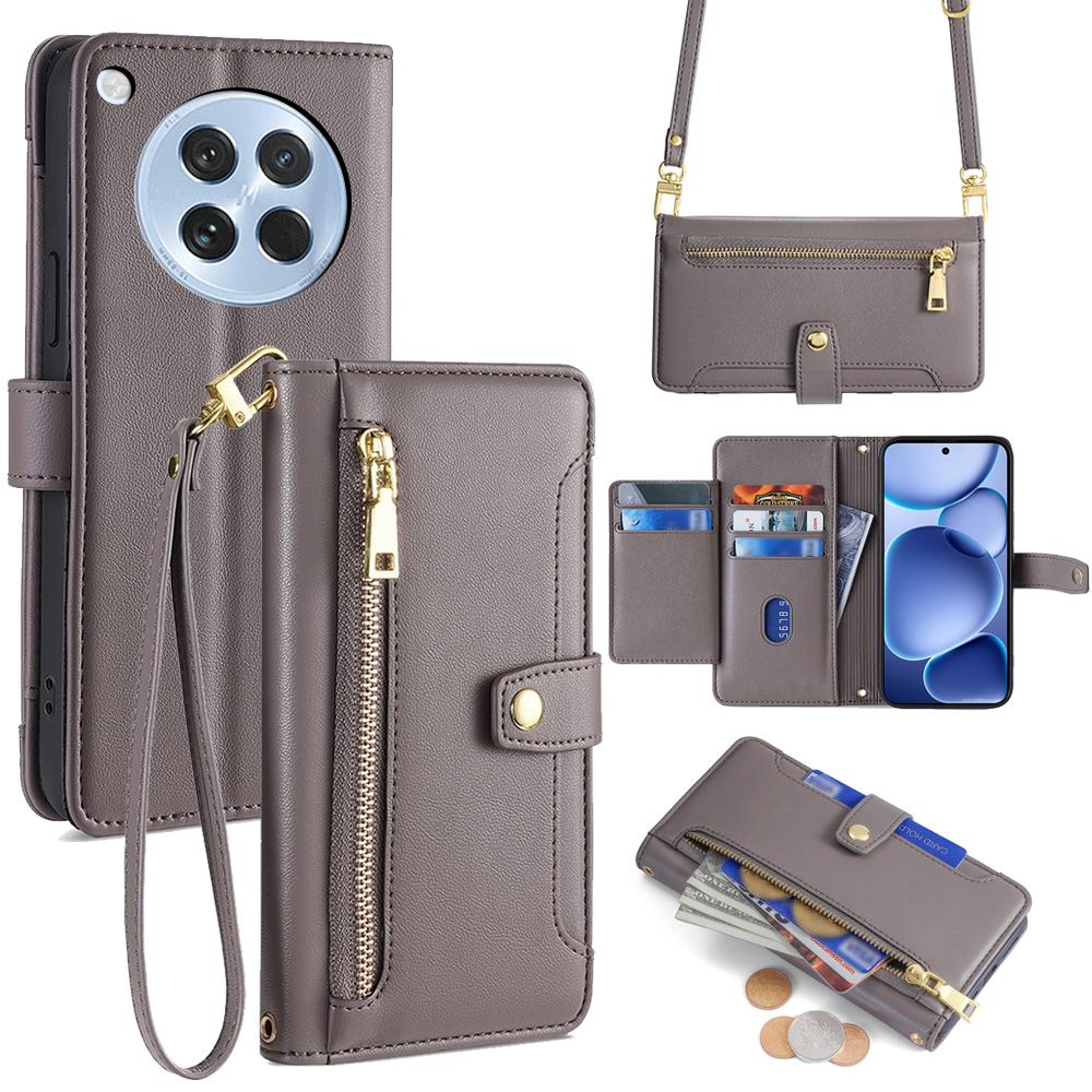 For Oppo Find X8s 5G Leather Case Zipper Pocket Wallet Phone Cover with 2 Straps