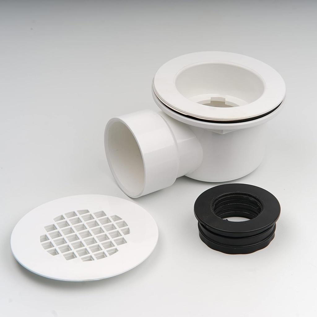 2" Low Profile Shower Drain with 2" x 1-1/2" Reducer Pipe Fitting and Perforated Strainer- PVC Side Outlet Drain Assembly for Replacement Shower Base