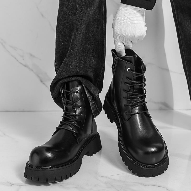 Men's Leather High-Top Martin Boots - Autumn/Winter Thick Sole, Height Increasing, British Style, Large Size
