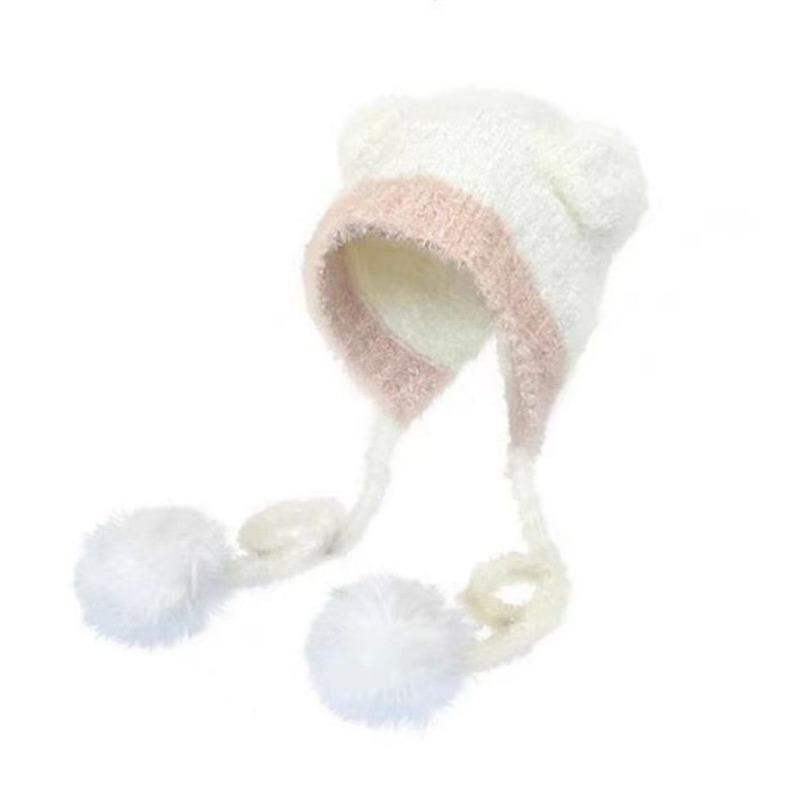 Cute color matching teddy velvet bear ears straps women's winter warm ear protectors knitted wool hat