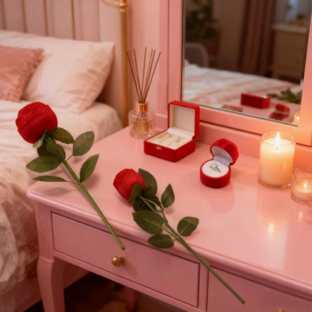 Red Velvet Rose to Ring Box with Leaves Flower Wedding Ring Box Rose Ring Box  Gift Box