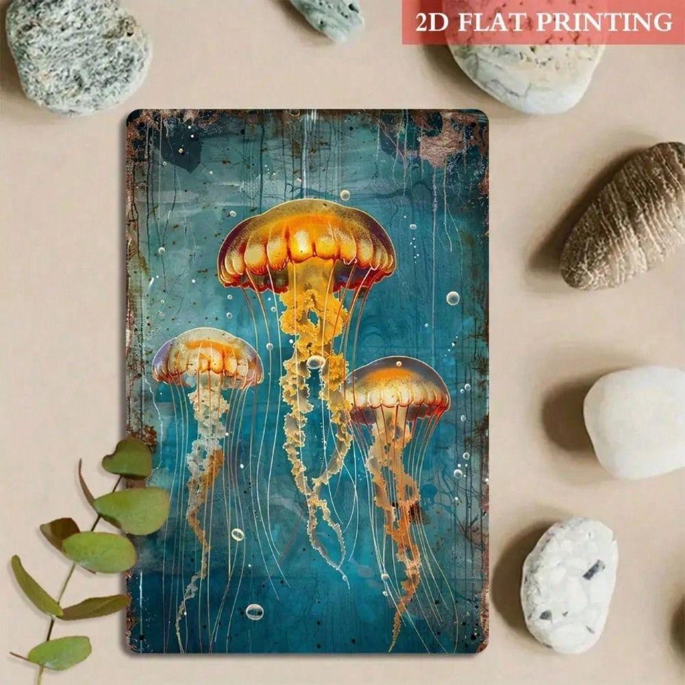 Metal Wall Art Vintage Gold Jellyfish Turquoise Ocean Poster Home Decor