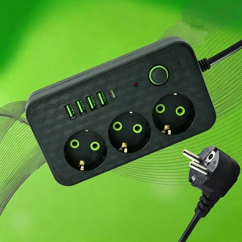 EU Plug Power Strip Multi AC Outlets Socket 2 Meters Extension Cord Overload Protection for Home Office