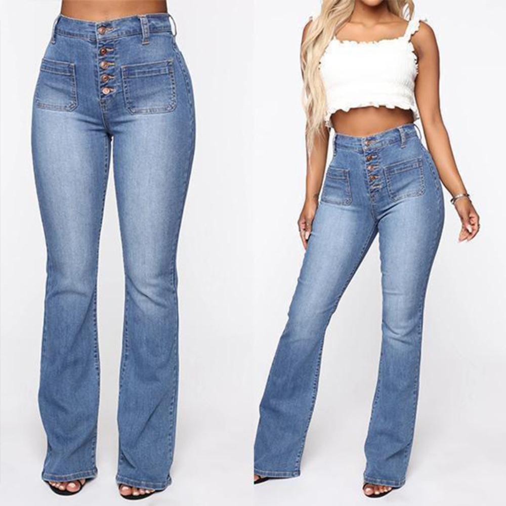 Women's High Waist Flared Denim Jeans, Button Fly Front Pocket Washed Stretch Bootcut Long Jeans, Vintage Slim Fit Fashion Denim Pants