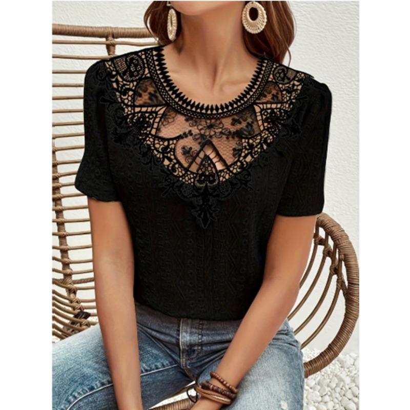 Nuova Blusa Estiva con Inserti in Pizzo da Donna Camicie Scollo Tondo Traforate Top alla Moda Manica Corta Colore Unito Dolce Abbigliamento Largo Elegante