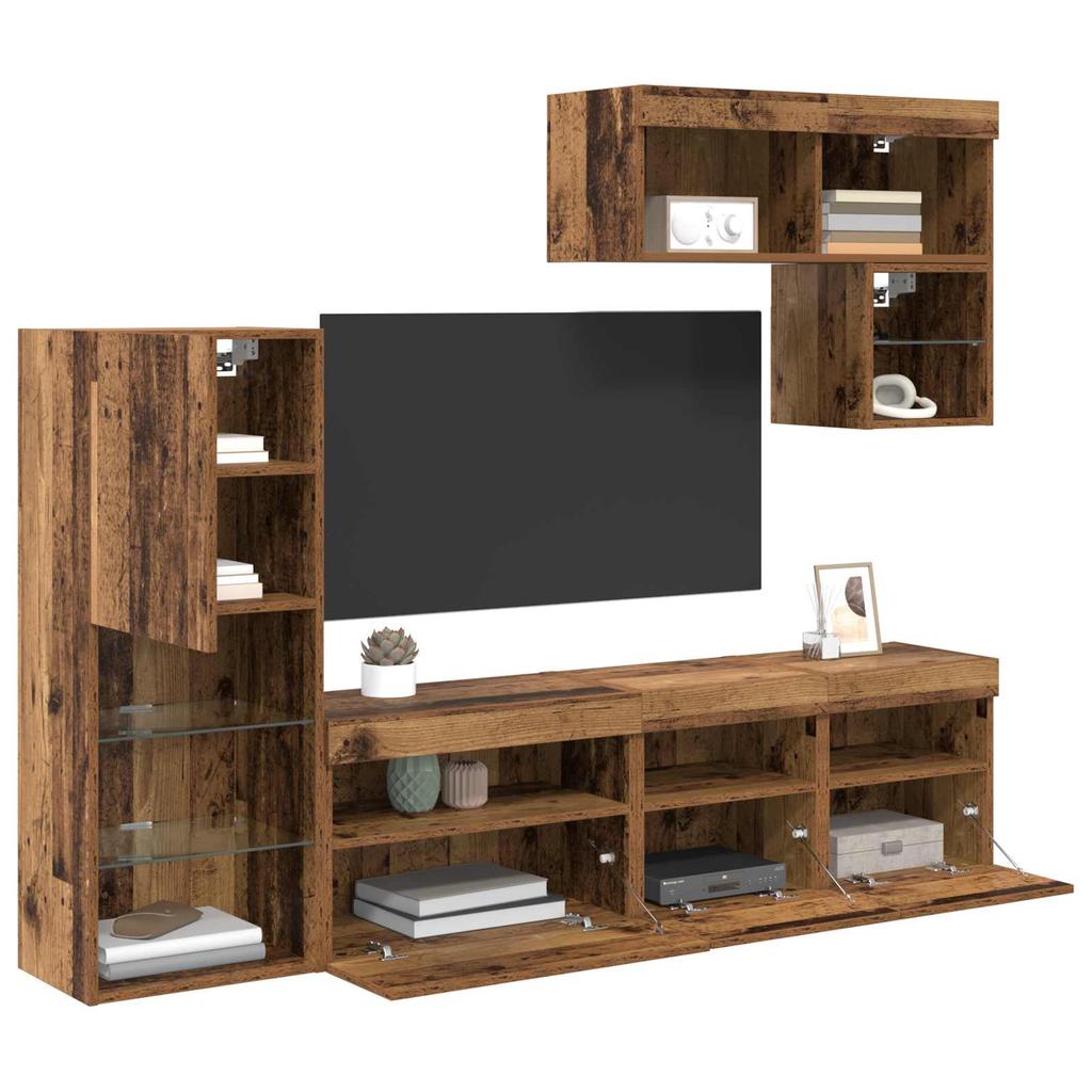 Wall Mounted TV Units with LED Light Strips 6 pcs Reclaimed Wood Effect Particleboard