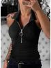 2024 Spring/Summer Women's Solid Color Ribbed Zip-Up Vest, Casual Fashion T-Shirt