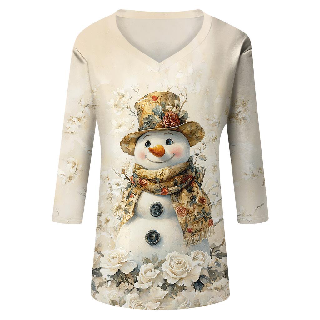 Women's Fashion Casual V Neck 3/4 Sleeve Loose  Printed T-Shirt Ladies Top