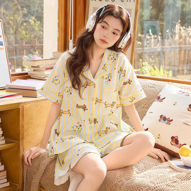 Summer Short Sleeve Cotton Pajamas Set: Loose, Comfy, Girlish Style
