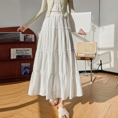 White Summer Clothing High Waist Long A-Line Pleated Skirts Cake Dress Tutu Puffy Skirt Streetwwear Sweat Girls
