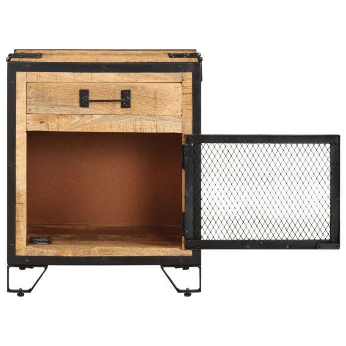 Table de chevet - Bois de manguier massif - 43x30x51 cm - 1 tiroir - Style industriel - Marron et noir