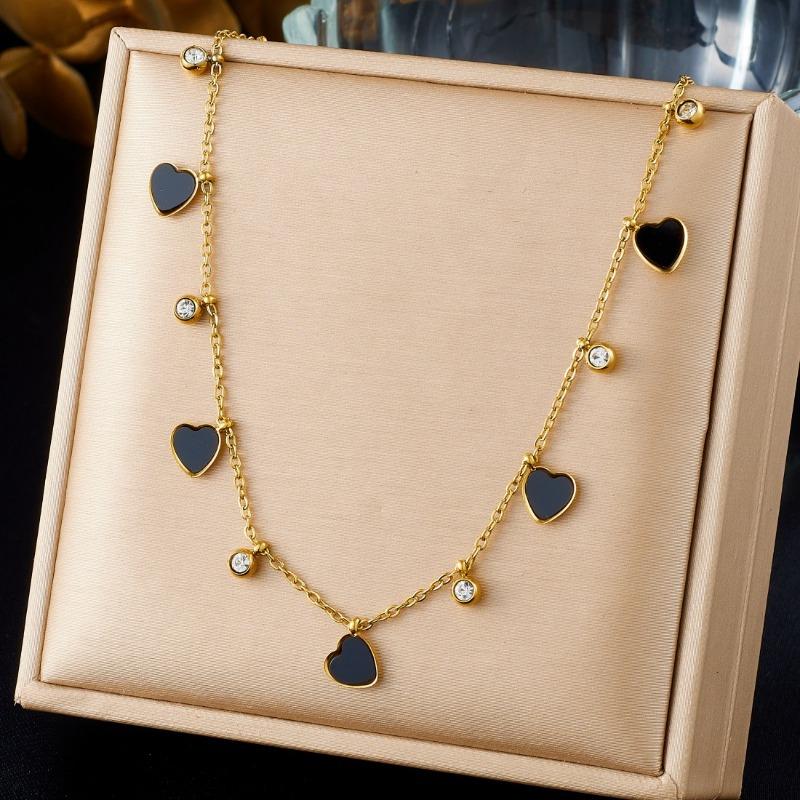 Gold Tone White Enamel Heart Charm Choker Necklace with Zircon