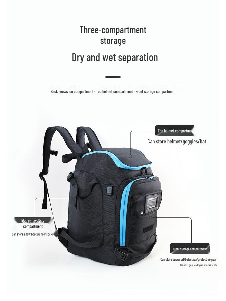 Multifunctional Ski Backpack: Double Shoulder, Ski Boot & Helmet Storage, Wet/Dry Separation