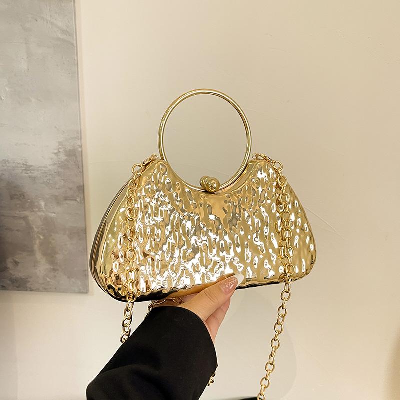 

Round Handle Golden Evening Clutch Bags For Women Metal Texture Luxury Designer Purses And Handbags Wedding Party Crossbody Bag 23x13x7 CM золотий