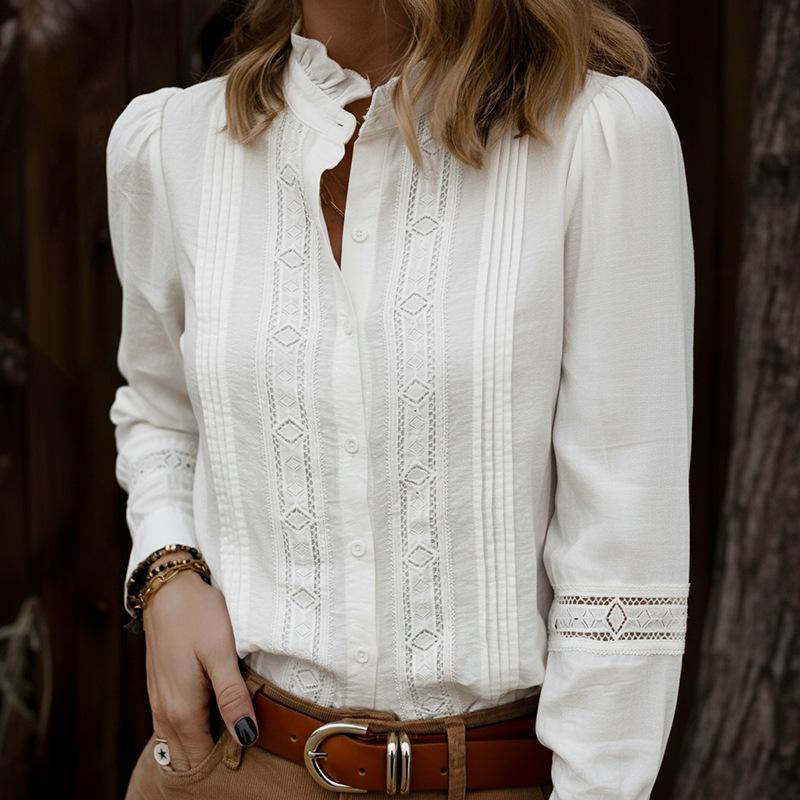 Yiyi 2025 TikTok Autumn/Winter Elegant V-neck Pleated Shirt for Women Small белый