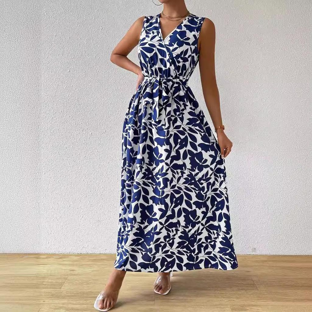 Abiti casual a vita alta con scollo a V senza maniche con stampa floreale primaverile alla moda da donna