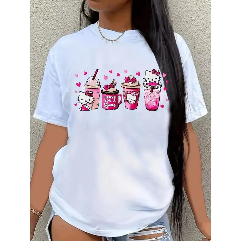 Cartoon Cat Women TShirt Cotton Crew Neck Pink Drink and Heart Design SpringSummer Casual ShortSleeve Shirt Cartoon Print Top S