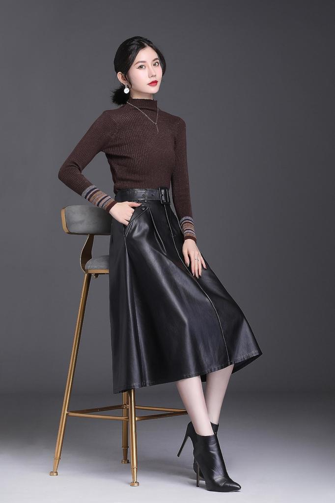 Syvent Langes PU-Leder mit und Faux-Ausgestelltem Rock Damen Herbst/Winter Rock, A-Linie, Leder, Gürtel, Knöpfe, Leder,