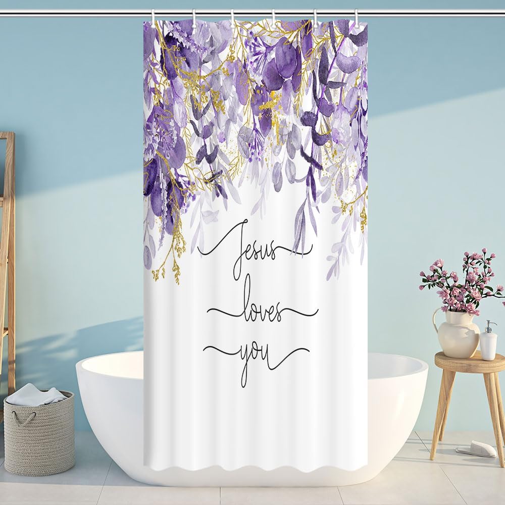 

Bible Verse Shower Curtain With Botanical Plant Leaves – Christian Scripture “Jesus Loves You” Quote, Floral Faith Design W60H190(CM)-1 Pcs