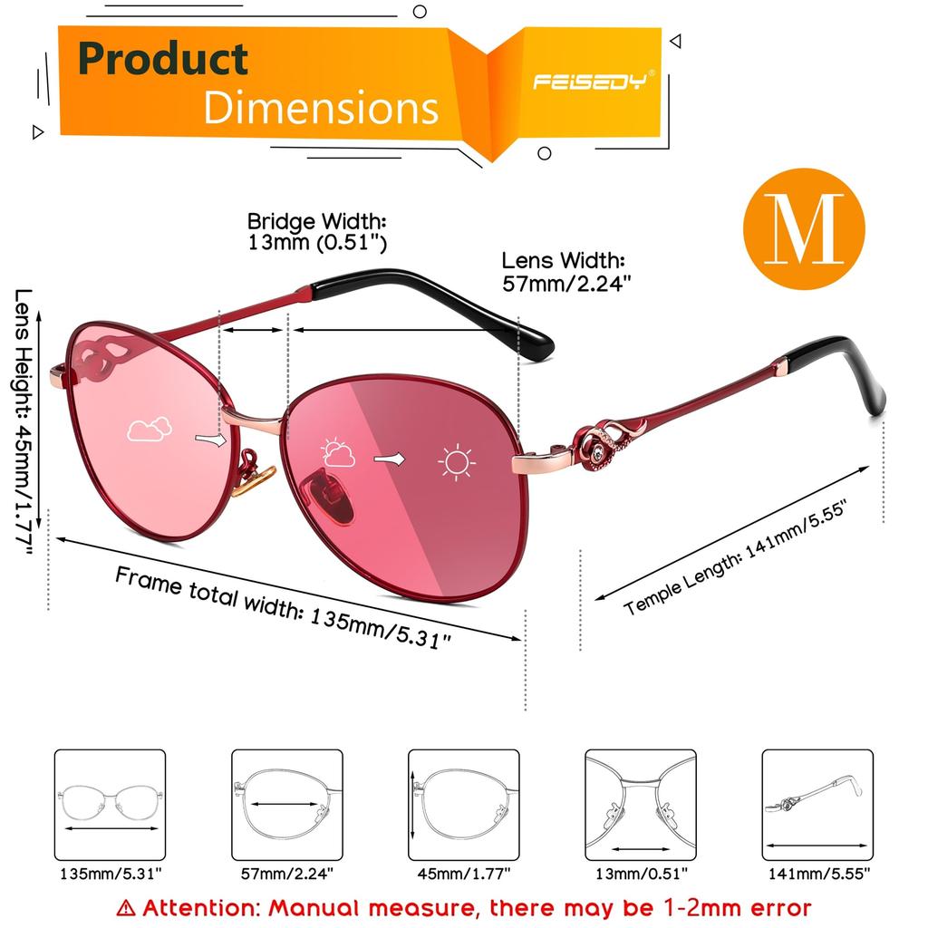 Feisedy Polarized Cool and Jeweled UV UV400 Smaller for Outdoor and Driving Women's Color-Changing Sunglasses, Elegant, Frame, Protection, Protection,