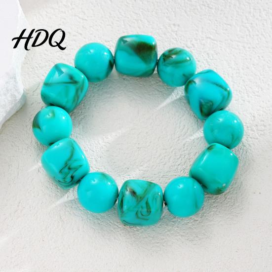 Retro Quadratische Runde Perlen Armreif Armband für Damen Herren, Blaue Simulationssteine Kratzfeste Acrylperlen Armbänder, Elastisches Dehnbares Klobiges Einzigartiges